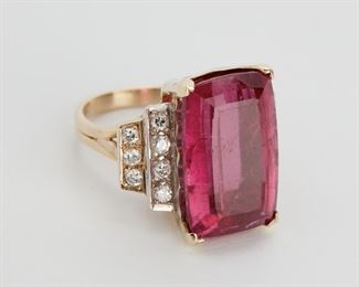 2025
A Rubellite And Diamond Ring
14k yellow gold
Set with a rectangular-cut rubellite gauged at approximately 22.00ct, and flanked by fourteen full-cut round diamonds totaling approximately 0.70ct, and graded H-I color and VS clarity
Ring size: 10.5
14.4 grams
Estimate: $2,000 - $3,000