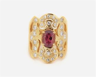 2029
A Rubellite And Diamond Ring
18k yellow gold
Centering an oval-cut rubellite weighing 2.06ct and surrounded by thirty full-cut round diamonds totaling approximately 0.60ct and graded I-J color and SI clarity
Ring size 8.5
16.3 grams
Estimate: $1,500 - $2,000