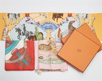 2031
Three Hermes Silk Scarves
Including a red and turquoise Hermès, Paris "Circus, by Annie Faivre" silk scarf, fabric label: 100% silk / Made in France for Bergdorf Goodman; a gold Hermès, Paris "Musee Vivant du Cheval, Chantilly, by Hubert De Watrigant" silk scarf, fabric label: 100% silk / Made in France; and a rose and mint Hermès, Paris "La Treve De L'eau, by Dallet" silk scarf, fabric label: 100% silk / Made in France; with two Hermès boxes
Each: 36" H x 36" W
3 pieces
Estimate: $400 - $600