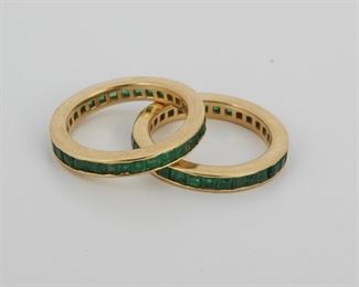 2039
A Pair Of Emerald Eternity Bands
18k yellow gold
Each set entirely with baguette-cut emeralds totaling approximately 2.85ct
Each ring size: 5; 3mm W
5.86 grams gross
2 pieces
Estimate: $500 - $700