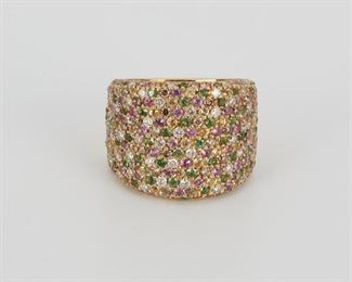2041
A Multicolored Colored Gemstone Ring
18k yellow gold
The tapered band pave set with multiple small round gemstones including diamonds, tsavorite garnets, citrines, and pink sapphires
Ring size: 8; 9-18mm H
20 grams
Estimate: $1,200 - $1,800
