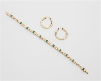 2044
Two Jewelry Items
14k yellow gold
Comprising a line bracelet set with eleven oval-cut emeralds totaling approximately 2.75ct, and further set with sixty-six full-cut round diamonds totaling approximately 0.35ct, and graded I-J color and SI clarity; and a pair of hoop earrings
8.1"
23.4 grams
3 pieces
Estimate: $600 - $800