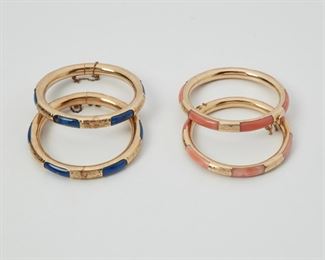 2048
Four Chinese Hinged Bangle Bracelets
14k yellow gold
Comprising a pair of lapis lazuli inset bangles; and a two coral inset bangles
Lapis bangles: 7.25" L x .25" W; Largest coral bangle: 7" L x .25" W
85.13 grams gross
4 pieces
Estimate: $2,000 - $3,000
