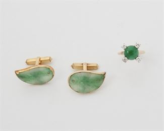 2052
A Group Of Jadeite Jewelry
14k yellow gold
Comprising a jadeite and diamond ring centering a round cabochon jadeite gauged at approximately 2.50ct further set with four full-cut round diamonds totaling approximately 0.35ct and a pair of carved jadeite leaf cufflinks
Ring size: 6.6; Cufflinks: 1" W x .6" W
16.35 grams gross
3 pieces
Estimate: $1,000 - $1,500