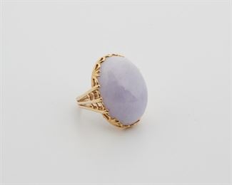 2055
A Lavender Jadeite Ring
14k yellow gold
Centering an oval cabochon lavender jade gauged at approximately 50.00ct
Ring size: 7
19.8 grams
Estimate: $600 - $800