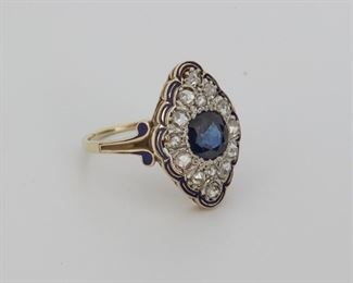 2073
An Antique Sapphire And Diamond Ring
Circa 1890, 14k yellow gold
Centering a round sapphire gauged at approximately 0.90ct, surrounded by fourteen rose-cut diamonds graded H-I color and SI clarity, framed by blue enamel
Ring size: 6.25
3.44 grams
Estimate: $600 - $800