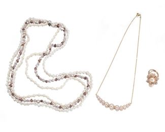 2138
A Group Of Cultured Pearl Jewelry
Comprising a 14k rose gold cultured pearl flower-form ring (size: 7.25), a multi-strand cultured pearl necklace with 14k white gold clasp (37" L), and a crescent-shaped cultured pearl and 14k yellow gold necklace (17.5" L)
148.0 grams
3 pieces
Estimate: $400 - $600