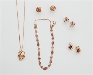 2139
A Group Of Ruby Jewelry
14k yellow gold
Comprising an ruby and diamond pendant suspended on a detachable neck chain set with five full and single-cut round diamonds totaling approximately 0.20ct and graded H-I color, VS clarity (18" L x 1" H), a ruby bracelet (7" L), a pair of gold and ruby dome earrings (.375" W), and two pair of ruby and diamond earrings (.375" W & .375" W x .5" H)
17.2 grams
9 pieces
Estimate: $500 - $700