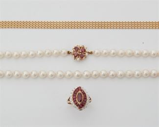2147
A Group Of Gold And Gem-Set Jewelry
14k & 18k yellow gold
Comprising a 14k gold link bracelet (7" L), a cultured pearl (5.8mm) necklace with a 14k gold, ruby and cultured pearl clasp (16" L), and an 18k gold, ruby and diamond ring set with one marquise-cut ruby, sixteen tapered baguette-cut rubies, and eighteen single-cut round diamonds totaling approximately 0.15ct and graded H-I color, SI clarity (size: 5.75)
18k gold: 4.5 grams; 14k gold: 5 grams
3 pieces
Estimate: $800 - $1,200