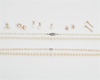 2149
A Group Of Cultured Pearl Jewelry
10k-14k gold and silver
Comprising a graduated cultured pearl (3mm-7.3mm) necklace with a silver clasp (22.5" L), a graduated cultured pearl (3.7mm-8mm) necklace with 10k white gold clasp (19.25" L), a pearl and diamond pendant (.5" H) and five pair of cultured pearl earrings (largest pearl: 8mm)
Earrings and pendant: 9 grams
13 pieces
Estimate: $300 - $500