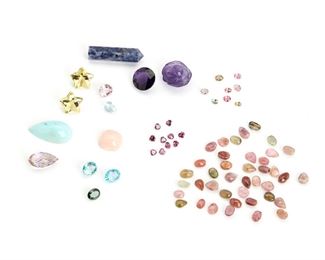2160
A Large Group Of Unmounted Gemstones
Comprising tourmaline, apatite, tsavorite, ametrine, turquoise, garnet, and other stones in bead, briolette, floriform, faceted, and cabochon cuts
Estimate: $300 - $500
