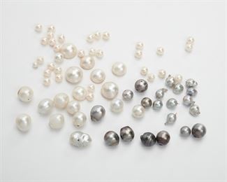 2164
A Group Of Mabe And Cultured Pearl Jewelry
Comprising seven mabe pearls, seven drilled baroque Tahitian cultured pearls, ten drilled baroque South Sea cultured pearls, and a group of drilled cultured pearls
Estimate: $300 - $500