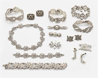 2167
A Large Group Of Pedro Castillo Silver Jewelry
Each stamped for Pedro Castillo
Comprising four hinged bracelets, three brooches, two pairs of earrings with screw backs, a hinged bracelet with matching earrings, and a hinged necklace with matching bracelet, 17 pieces
400 grams gross
Estimate: $400 - $600