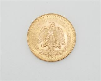 2198
A Mexican Gold Coin 50 Pesos
Gold coin, Mexico 50 Pesos, 1821-1947, 37.5 Gr. Oro Puro
37mm Dia.
41 grams
Estimate: $1,500 - $2,000