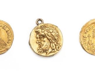 2199
Three Ancient-Style Gold Coins
Each likely contemporary, comprising a gold Byzantine-style coin, Emperor Phocas, early 7th century; a gold Byzantine-style coin, Theopolis and Constantine, 9th century; and a Phoenician-style gold coin, head of Pan, 4th century, attached loop intended to be worn as a charm
18 grams gross
3 pieces
Estimate: $2,000 - $3,000