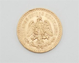 2200
A Mexican Gold Coin 50 Pesos
Gold coin, Mexico 50 Pesos, 1821-1947, 37.5 Gr. Oro Puro
37mm Dia.
42 grams
Estimate: $1,500 - $2,000