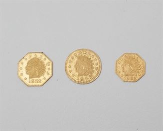 2201
Three Early California Gold Coins
1852, California Gold, octagonal, 9mm, 0.21 grams
1852, California Gold, octagonal, 11mm, 0.33 grams
1853, California Gold, 11mm, 0.36 grams
0.9 grams gross
Estimate: $300 - $500