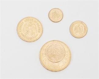 2203
Four Mexican Gold Coins
20 pesos, 1959, Veinte Pesos, 15Gr. Oro Puro, 32mm diameter
10 pesos, 1959, Diez Pesos, 32mm diameter
2.5 pesos, 1945, Dos Y Medio,16mm diameter
2 pesos, 1945, Dos Pesos, 13mm diameter
29 grams gross
Estimate: $600 - $800