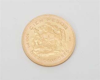 2204
A Gold Coin, Chile 100 Pesos
1954
31 mm Dia.
21 grams gross
Estimate: $1,200 - $1,800