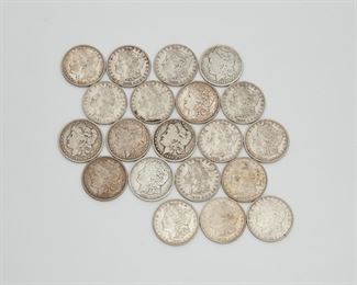 2209
Twenty U.S. Silver Dollars
Morgan silver dollar coins including: 1880, 1881, 1882, 1884 x 2, 1885, 1886, 1888, 1889 x 2, 1890, 1891 x 3, 1896, 1902, 1921 x4
529 grams gross
Estimate: $500 - $700