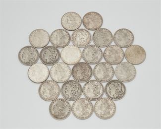 2211
Twenty-Five U.S. Silver Dollars
Morgan silver dollar coins including: 1878, 1879, 1880 x 2, 1881, 1882 x 2, 1883 x 2, 1884 x 3, 1889, 1890, 1891 x 4, 1896, 1897 x 2, 1900 x 2, 1901, 1921
660 grams gross
Estimate: $600 - $800