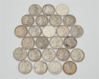 2217
Twenty-Five U.S. Silver Dollars
Morgan and peace dollar coins in various years including: 1873 x 2, 1879 x 2, 1881, 1882 x 2, 1883, 1884 x 2, 1885 x 3, 1887 x 2, 1889, 1890 x 2, 1891 x 3, 1887, 1902, 1921
657 grams gross
25 pieces
Estimate: $600 - $900