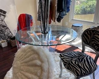 4’ Alpaca Rug with Oyster Accent, Matching Oversized Alpaca Pillow, Faux Zebra Accent Chair, Glass & Acrylic Side Table, Lexan Accent Chair, Display Hanger & Beautiful Clothes (Size 2-4, Small)