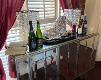 Mirrored Buffet with Storage (sculpture, drapes & lamps not for sale)