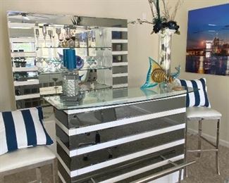 Mirrored Bar, White Leather Barstools, Decor and Serveware