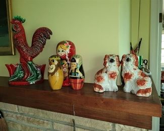 Royal Haeger rooster, nesting dolls, Staffordshire dogs