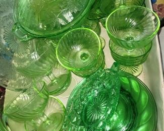 $40.00, Box of green depression glass including luncheon plates plus more