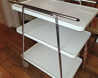 $60.00, Space Age white enamel kitchen rolling cart