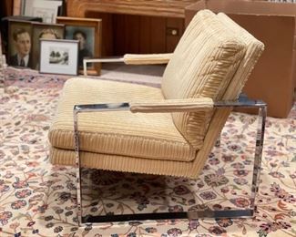 Pair of vintage Milo Baughman Chrome Flat Bar lounge chairs with original corduroy upholstery.  Photo 1 of 3