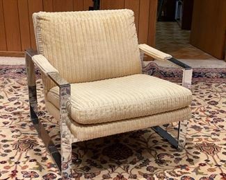 Pair of vintage Milo Baughman Chrome Flat Bar lounge chairs with origional corduroy upholstery.  Photo 2 of 3