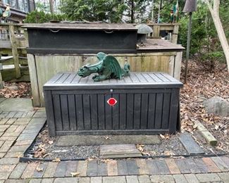 All weather outdoor storage bench. Dragon gargoyle.