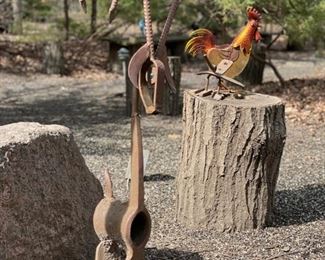 Metal rooster garden statue & Robert Cumpston metal antelope sculpture.