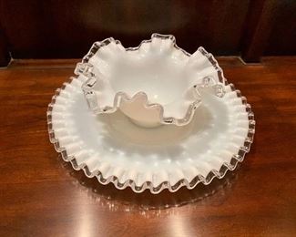 Vintage milk glass ribbon edge 8-place setting bowl and plates