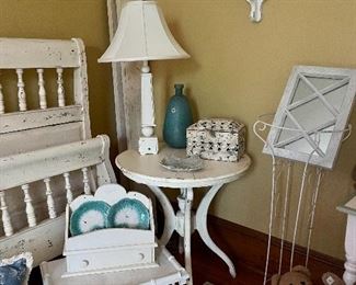 Wonderful white furniture - chippy paint bed, iron plant stand, bamboo bed tray, cute table