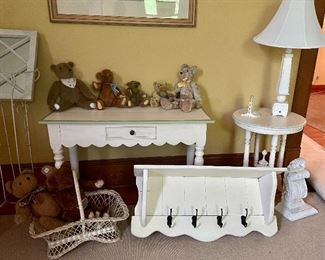 White & Green Console Table with Scalloped Skirt, White Planter, Vintage Teddy Bears, White Shelf with Hooks