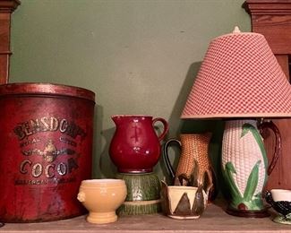 Vintage Cocoa Tin, Corn Lamp & Pitcher