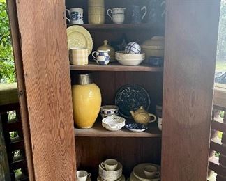 Antique Cupboard, Blue and Yellow Dishes and Decor