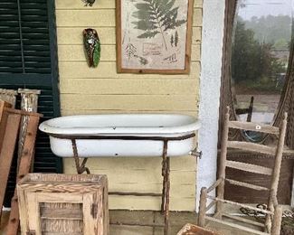 Vintage Bedside Bath Tub, Beadboard Cabinet, 1920's Scale with Awesome Green Chippy Paint, Cicada Wall Pocket, Fern Botanical Print, Cool Sconce, Primitive Ladderback Chair