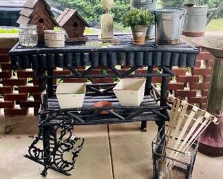 Black Twig Porch Table, Birdhouses, Galvanized Metal Bucket and Watering Can