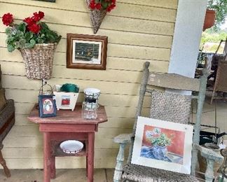 Wall baskets, geranium prints, cute red table and old green rocker with awesome patina. Many signed Helen  Dyke watercolors. 