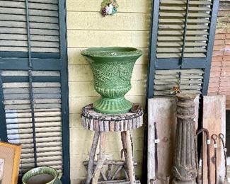 Twig stand and green pottery, architectural pieces