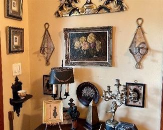 Early 1900's oil painting, old silhouette of a girl and her pet bird, awesome mirrored sconces, old wash stand.  