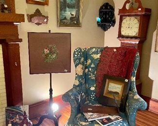 Awesome grandfather clock, needlepoint fire screen. (Chair was sold in January and is waiting to be picked up at this sale). 