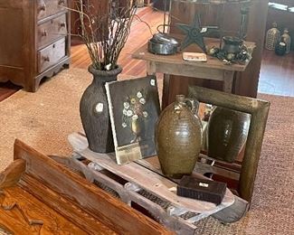 Nice primitive table, OLD green pottery jug, fabulous pine shelf, old wooden sleigh 