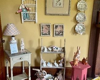 The sweetest early 1900's bunny shelf with Christmas inscription on the back, cute side table and tons of rabbits