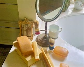 Celluloid accessories and shaving cup, mirror and brush